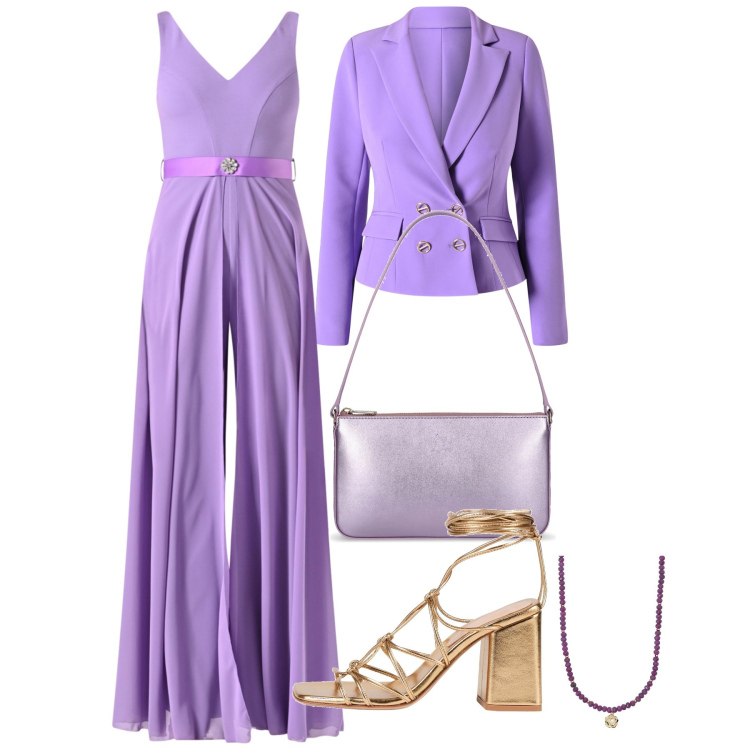 Outfit donna - Damigella in jumpsuit. Stile Glamour per Cerimonia. Abbinamento con sandali in pelle, collane, tute, blazer, borse a spalla.