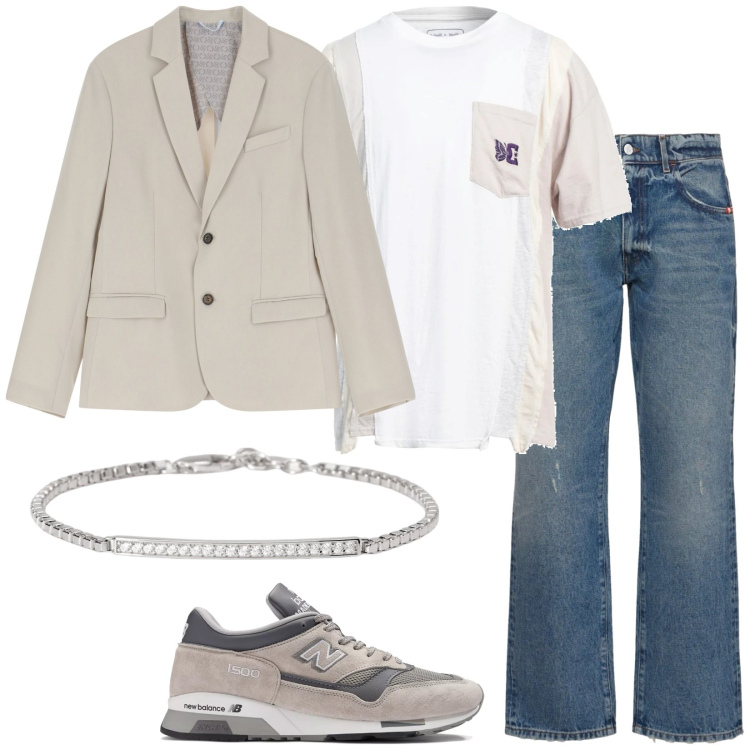 Outfit uomo - Casual chic. Stile Trendy per Tutti i giorni. Abbinamento con t-shirt, braccialetti, sneakers, giacche, jeans.