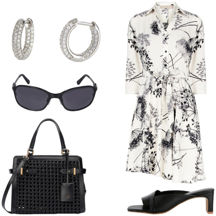 Outfit donna - Abito per l\'ufficio. Stile Casual chic per Ufficio. Abbinamento con orecchini, vestiti chemisier, borse a mano, occhiali da sole, sabot.