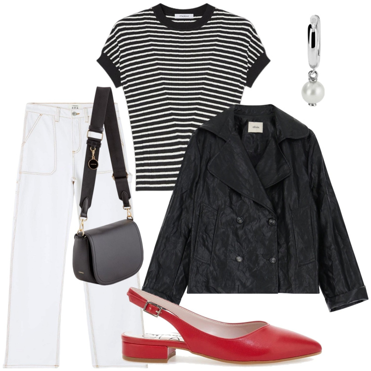 Outfit donna - Righe e ballerine. Stile Casual per Tutti i giorni. Abbinamento con pantaloni, orecchini, blazer, ballerine, borse a tracolla, maglieria.