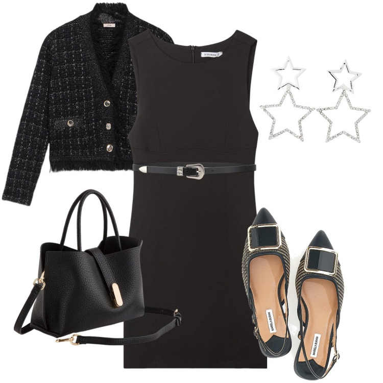 Outfit donna - Il semplice tubino. Stile Sexy per Serata fuori. Abbinamento con orecchini, vestiti a tubino, ballerine, borse a mano, cinture, blazer.