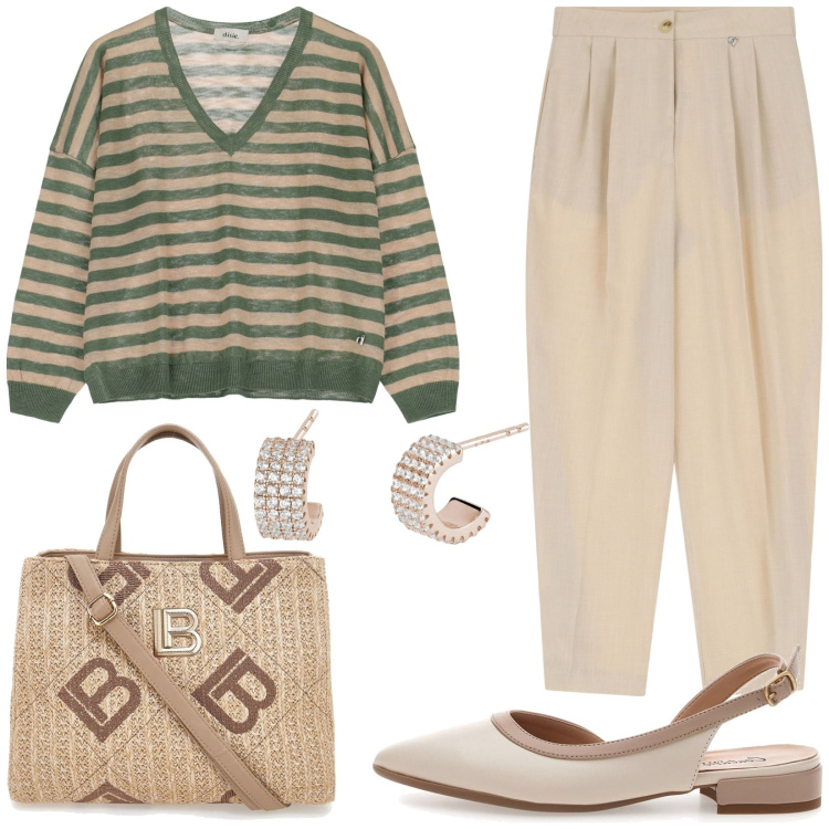 Outfit donna - Beige e righe verdi. Stile Casual chic per Tutti i giorni. Abbinamento con orecchini, pantaloni, maglieria, ballerine, borse a tracolla.