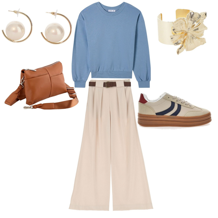 Outfit donna - Blu Beige. Stile Casual chic Abbinamento con felpe, pantaloni a palazzo, orecchini, braccialetti, sneakers, borse a tracolla.