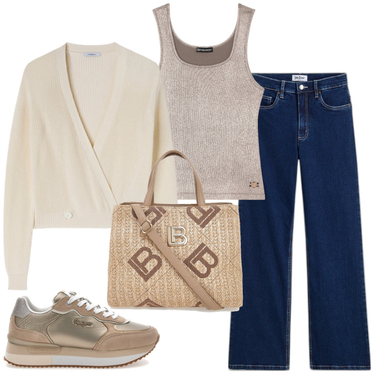 Outfit donna - Total look #2100173. Stile Casual per Tutti i giorni. Abbinamento con jeans, canottiere, sneakers, borse a tracolla, cardigans.