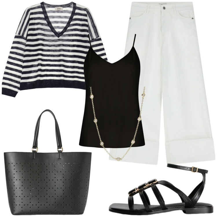 Outfit donna - Bianco e nero. Stile Casual chic per Tutti i giorni. Abbinamento con collane, top, pantaloni, maglieria, sandali gioiello, shopping bag.