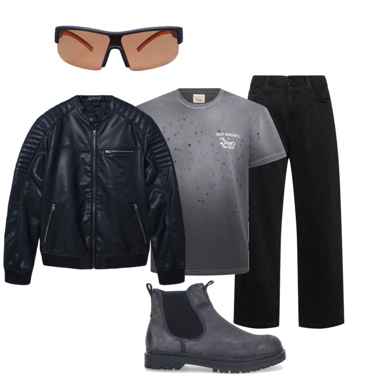 Outfit uomo - Urban per il pomeriggio in centro. Stile Urban per Tutti i giorni. Abbinamento con occhiali da sole, giacche, stivali e stivaletti, t-shirt, jeans.