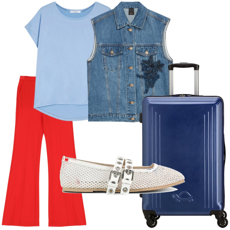 Outfit donna - Il gilet decorato. Stile Casual per Tutti i giorni. Abbinamento con pantaloni, ballerine, gilet, t-shirt, valigie.