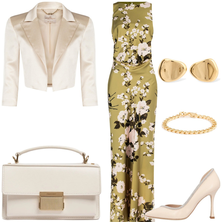 Outfit donna - Cerimonia. Stile Chic per Cerimonia. Abbinamento con décolleté, bolero, vestiti lunghi, borse a mano, orecchini, braccialetti.