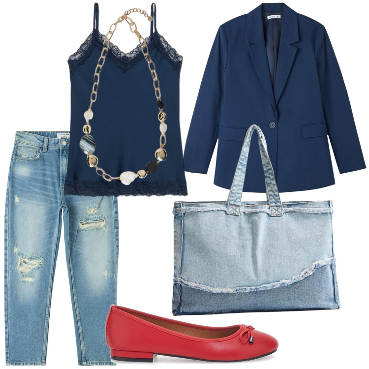 Outfit donna - Casual day. Stile Basic per Tutti i giorni. Abbinamento con jeans mom, blazer, shopping bag, ballerine, collane, top.