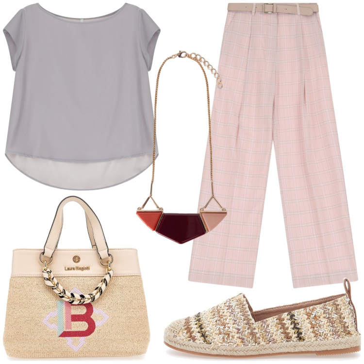 Outfit donna - Briosa. Stile Casual chic per Tutti i giorni. Abbinamento con t-shirt, pantaloni a palazzo, espadrillas, borse a mano, ciondoli.