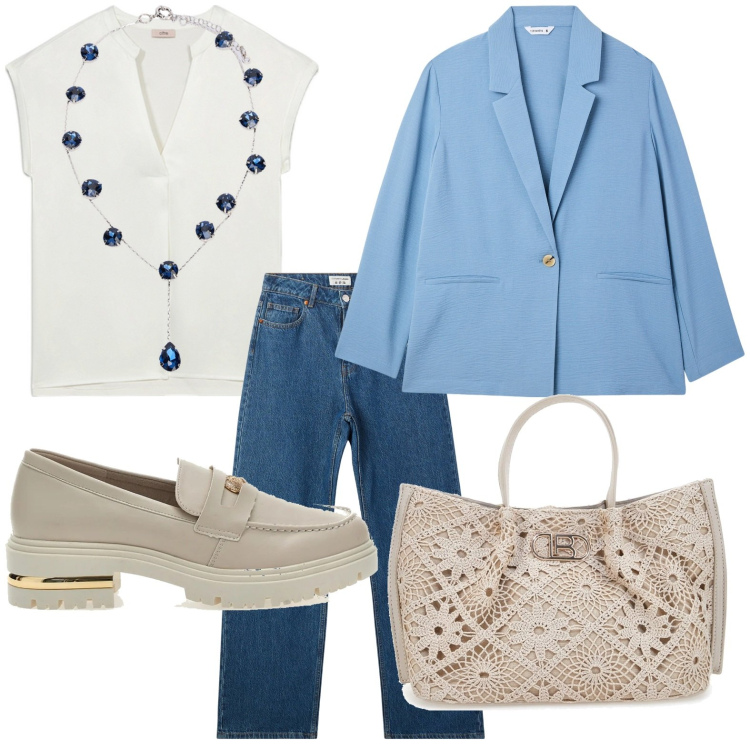 Outfit donna - La collana lucente. Stile Basic per Ufficio. Abbinamento con blazer, jeans, mocassini, t-shirt, collane, borse a tracolla.