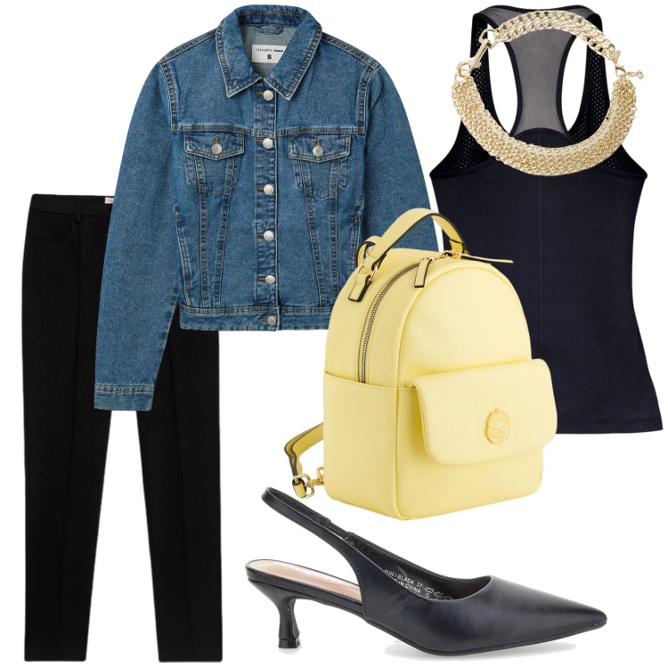 Outfit donna - Lo zaino pastello. Stile Basic per Ufficio. Abbinamento con blazer, collane, décolleté, canottiere, zaini, pantaloni skinny.