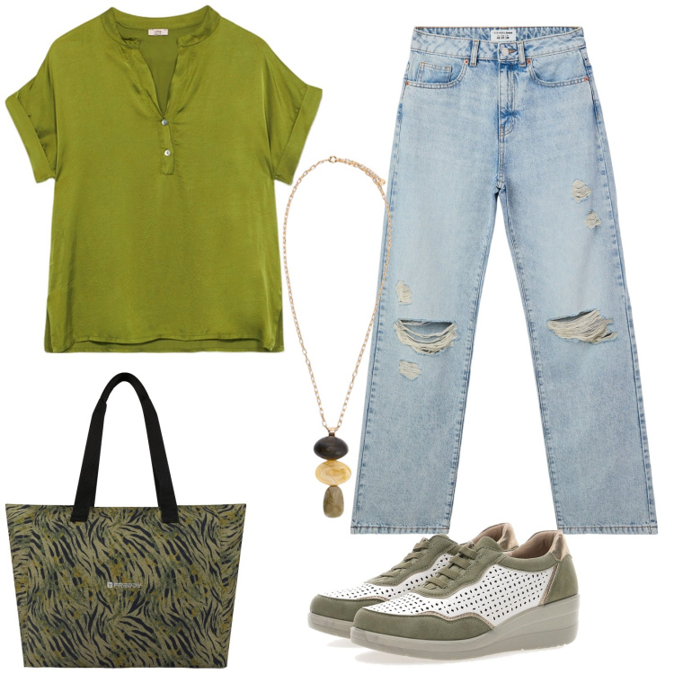 Outfit donna - Scarpe bicolor e jeans. Stile Casual per Tutti i giorni. Abbinamento con jeans strappati, shopping bag, scarpe stringate, bluse, collane.