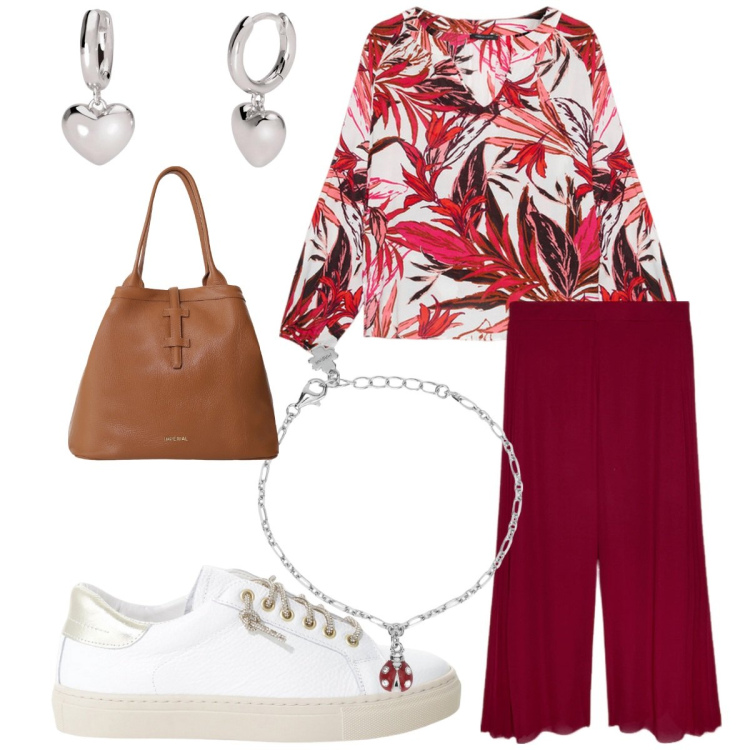 Outfit donna - Total look #2100202. Abbinamento con braccialetti con ciondoli, orecchini, sneakers, borse tote, pantaloni a palazzo, bluse.