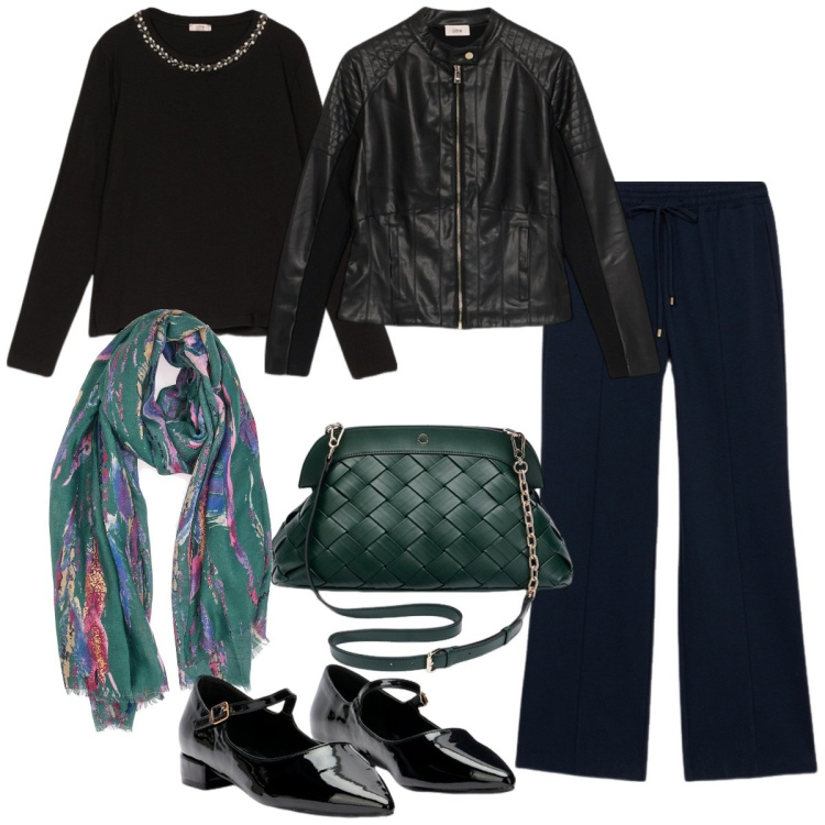 Outfit donna - Total look #2100207. Stile Casual chic per Serata fuori. Abbinamento con foulard, t-shirt, ballerine, clutch, blazer, pantaloni.