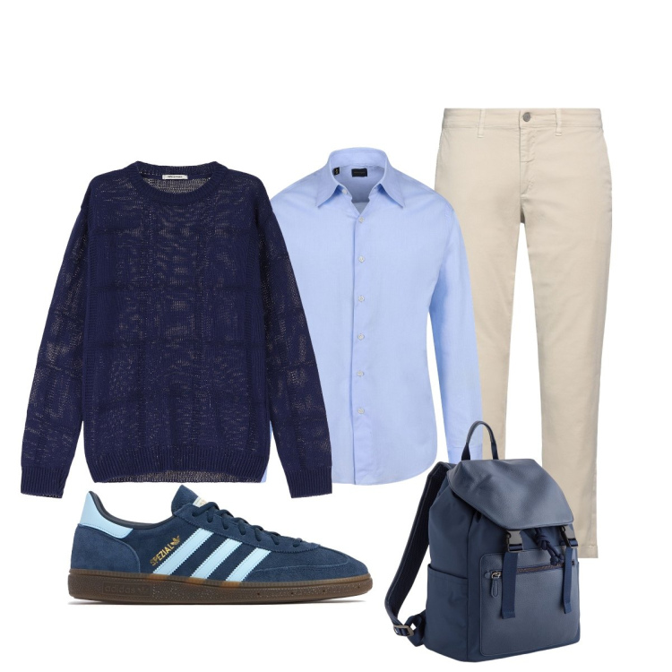 Outfit uomo - Al lavoro in treno. Stile Trendy per Tutti i giorni. Abbinamento con pantaloni chino, pullovers, camicie, sneakers, borse sportive.