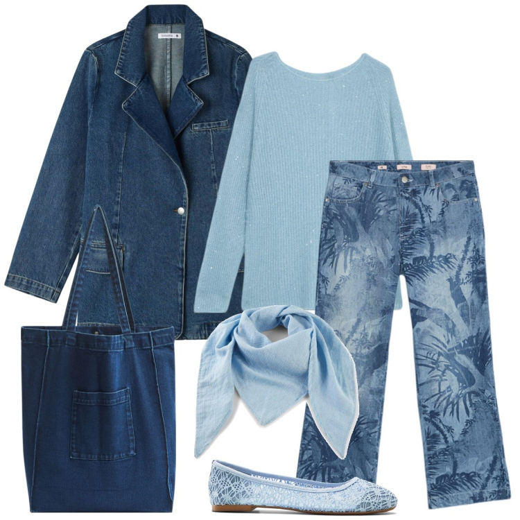 Outfit donna - In jeans. Stile Casual per Tutti i giorni. Abbinamento con ballerine, foulard, blazer, shopping bag, jeans, maglieria.