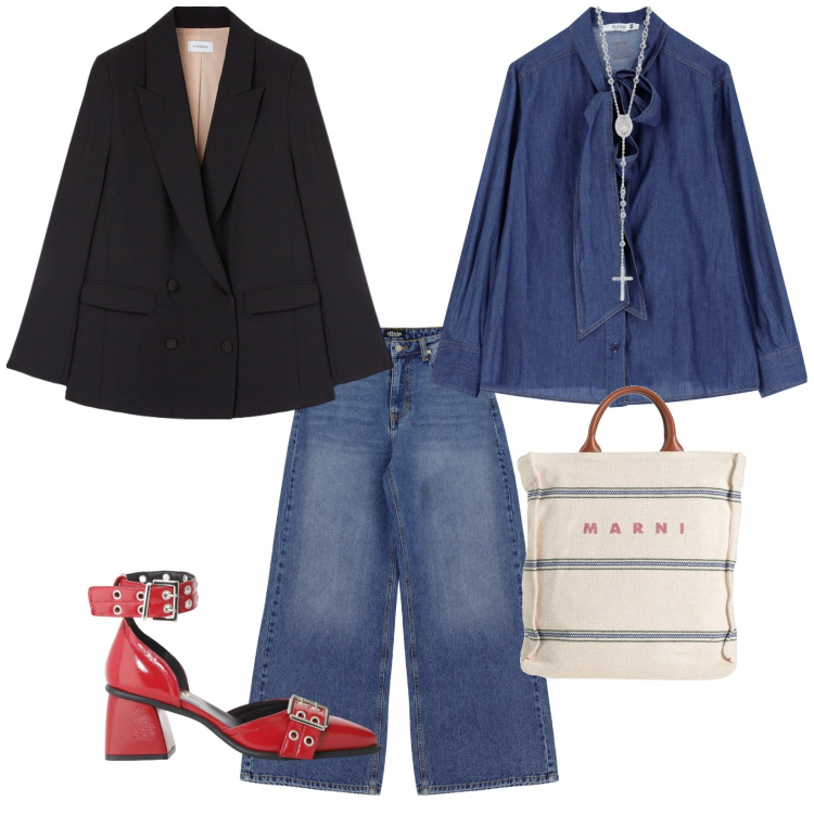 Outfit donna - Oggi è festa. per Serata fuori. Abbinamento con borse a mano, collane, camicie, jeans a zampa, décolleté, blazer.