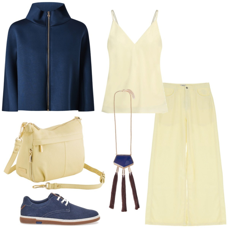 Outfit donna - Giallo burro. Stile Casual chic per Tutti i giorni. Abbinamento con top, cappe, pantaloni, scarpe stringate, borse a tracolla, ciondoli.