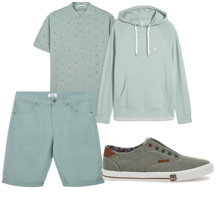 Outfit uomo - Total look #2100217. Stile Casual per Tutti i giorni. Abbinamento con felpe con cappuccio, t-shirt, bermuda, sneakers.