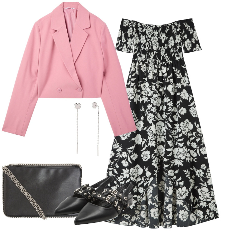 Outfit donna - Uscita romantica. per Serata fuori. Abbinamento con vestiti lunghi, borse a tracolla, blazer, sabot, orecchini.