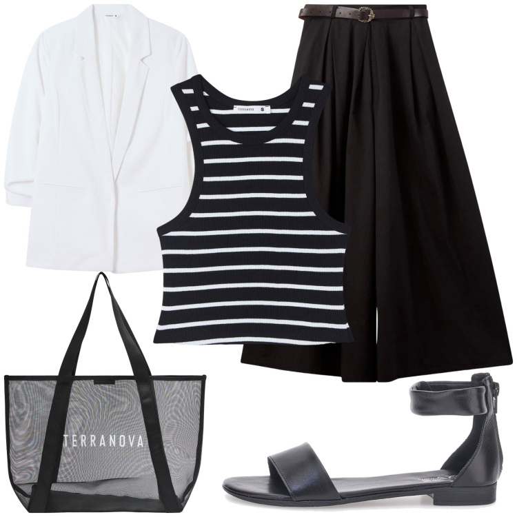Outfit donna - Righe e sandali. Stile Casual chic per Tutti i giorni. Abbinamento con blazer, pantaloni, canottiere, shopping bag, sandali.