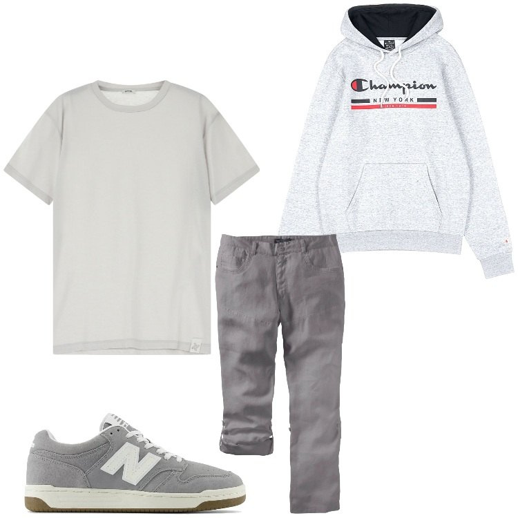 Outfit uomo - Easy season. Stile Casual per Tutti i giorni. Abbinamento con pantaloni, sneakers, t-shirt, felpe con cappuccio.