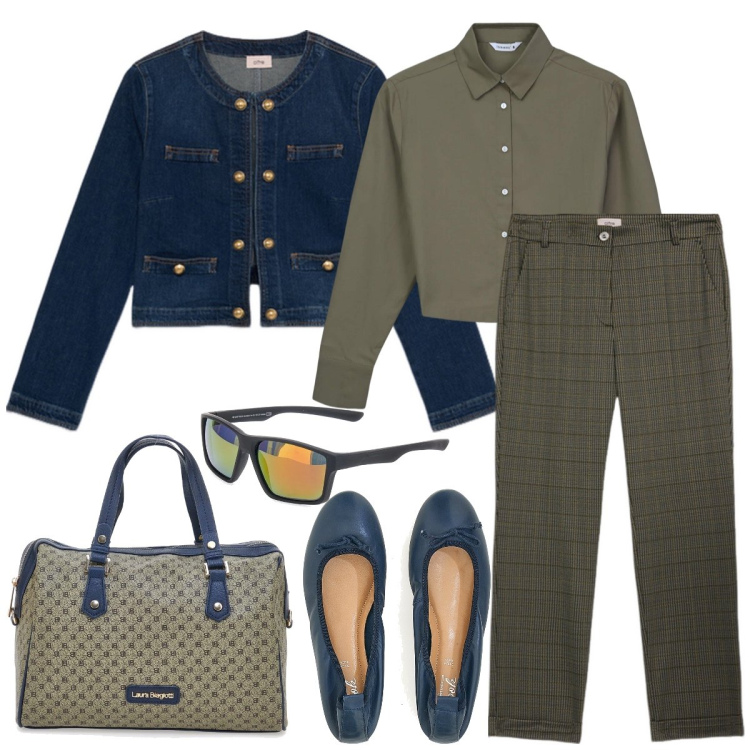 Outfit donna - Ufficio. Stile Casual chic per Ufficio. Abbinamento con camicie, ballerine, borse a spalla, blazer, pantaloni, occhiali da sole.