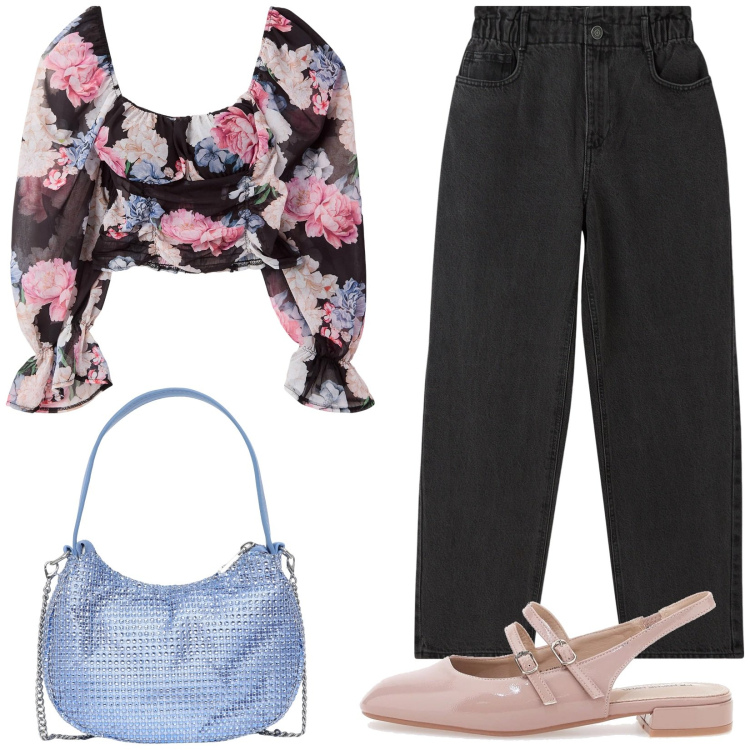 Outfit donna - Fiori e slingback rosa. Stile Casual chic per Tutti i giorni. Abbinamento con bluse, jeans, borse a spalla, ballerine.