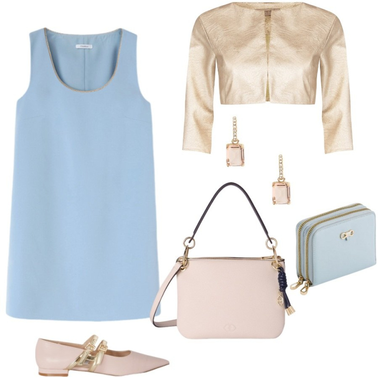 Outfit donna - La comodità delle ballerine. Stile Bon Ton per Serata fuori. Abbinamento con bolero, orecchini, vestiti a tubino, portafogli, ballerine, borse a tracolla.