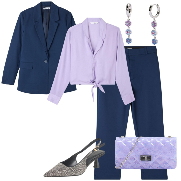 Outfit donna - Eleganza sbarazzina. Stile Glamour per Cerimonia. Abbinamento con pantaloni chino, camicie, borse a tracolla, blazer, décolleté, orecchini.