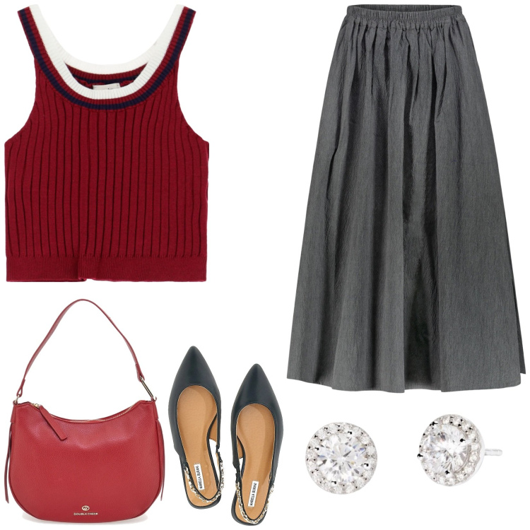 Outfit donna - Gonna e canottiera. Stile Casual per Tutti i giorni. Abbinamento con orecchini, top, gonne, ballerine, borse a tracolla.