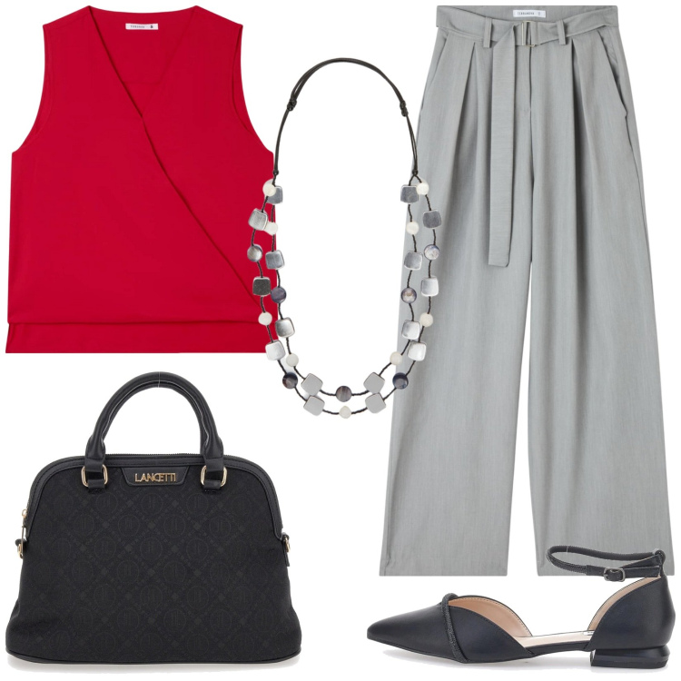 Outfit donna - Pantalone morbido. Stile Casual per Tutti i giorni. Abbinamento con pantaloni, bluse, borse a spalla, ballerine, collane.