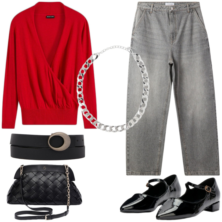 Outfit donna - Easy chic. Stile Casual chic per Tutti i giorni. Abbinamento con maglieria, collane, jeans, cinture, ballerine, clutch.