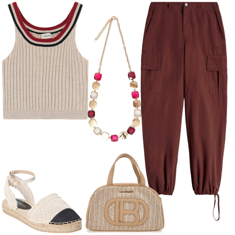 Outfit donna - Passeggiata al mare. Stile Casual per Tutti i giorni. Abbinamento con espadrillas, pantaloni cargo, top, collane, borse a spalla.