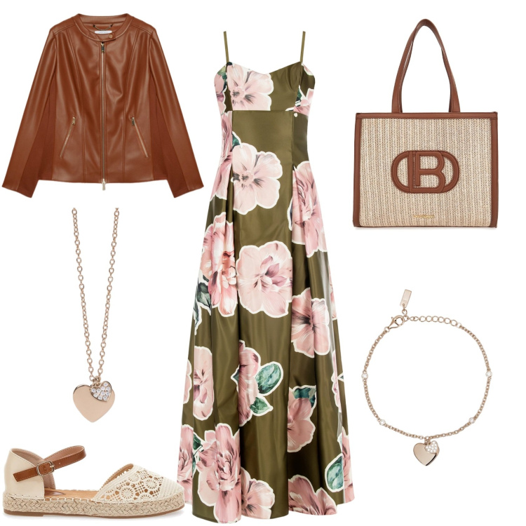 Outfit donna - Spring in bloom. Stile Casual chic per Serata fuori. Abbinamento con vestiti lunghi, braccialetti con ciondoli, ciondoli, borse a spalla, espadrillas, blazer.