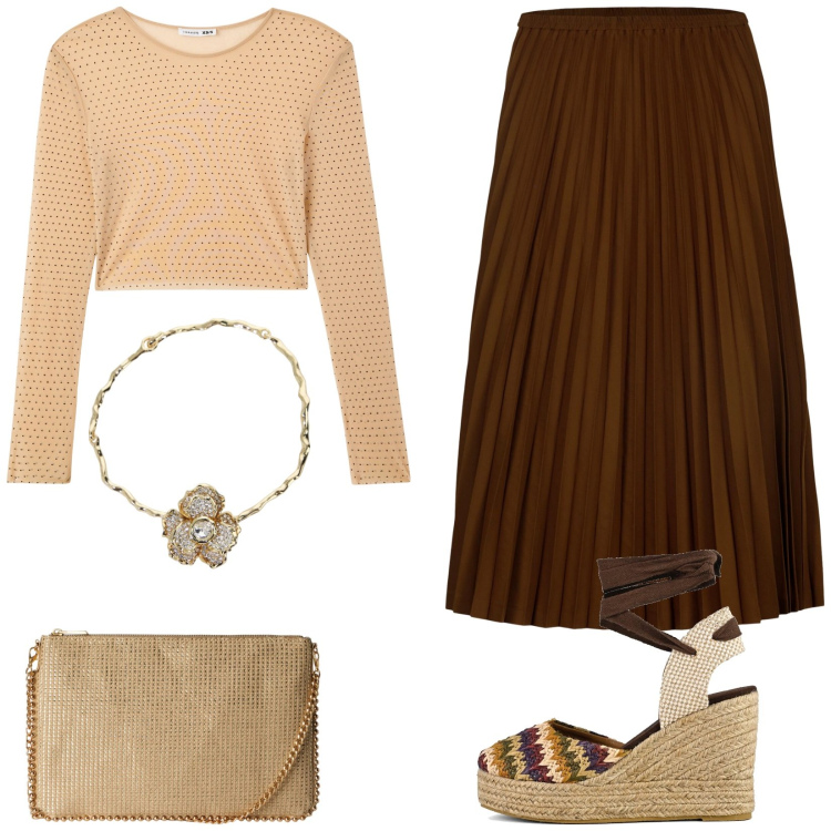 Outfit donna - Crema e cioccolato. Stile Casual per Tutti i giorni. Abbinamento con borse a tracolla, maglieria, collane, gonne longuette, sandali col tacco.