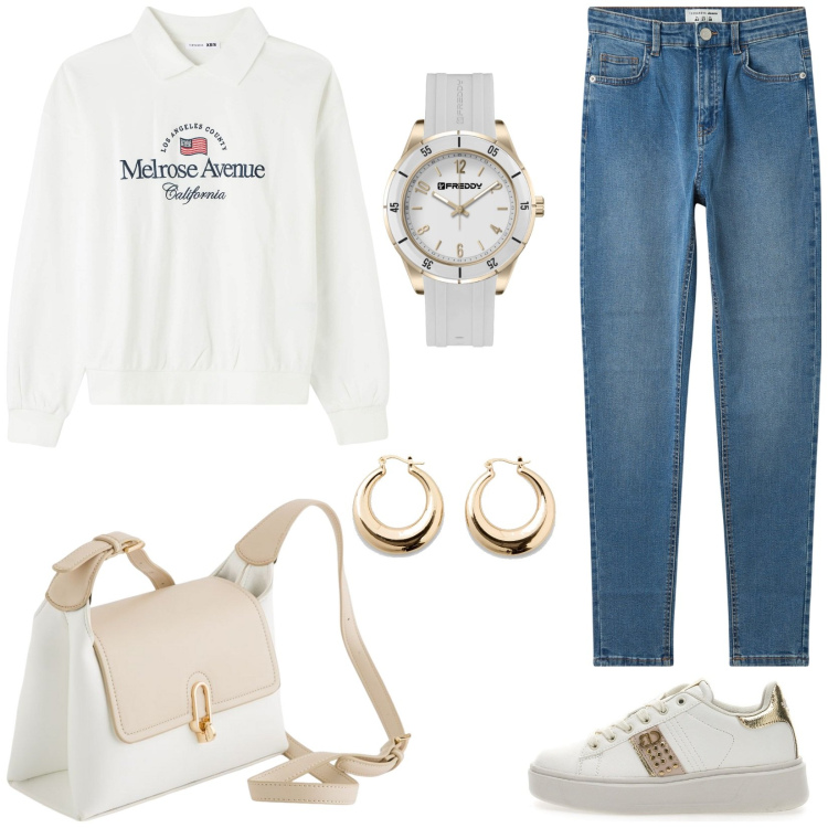 Outfit donna - Sportiva. Stile Sporty chic per Tutti i giorni. Abbinamento con orecchini, jeans skinny, felpe, orologi, sneakers, borse a tracolla.