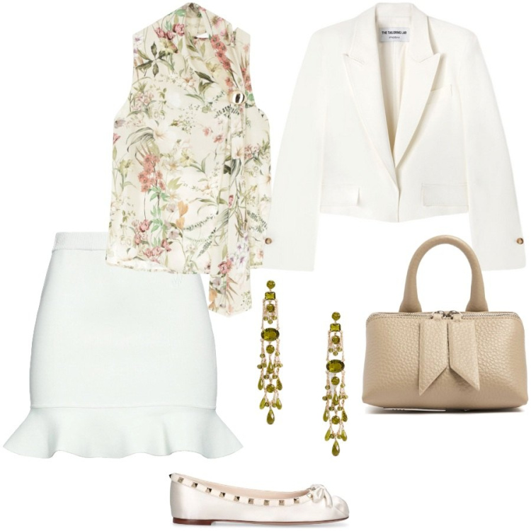 Outfit donna - Bon ton in white. Stile Bon Ton per Serata fuori. Abbinamento con minigonne, top, orecchini, borse a mano, ballerine, blazer.