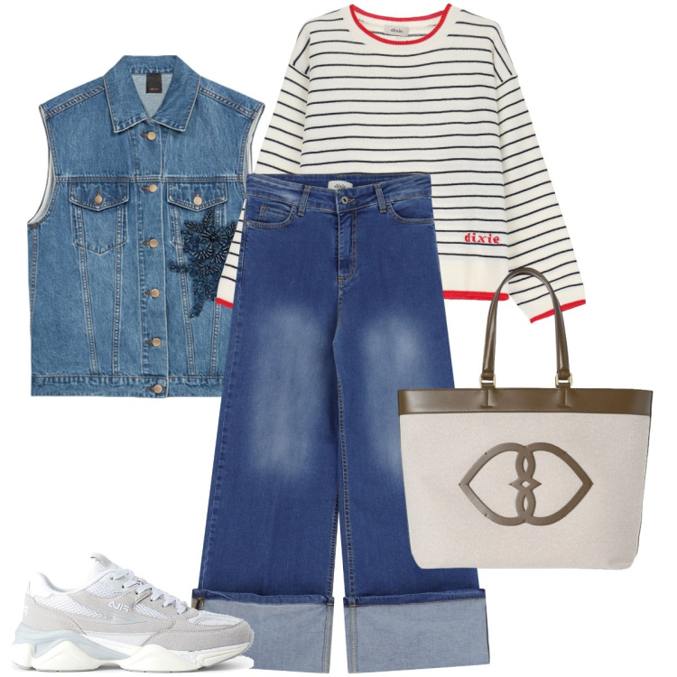 Outfit donna - Il gilet in jeans. Stile Urban per Tutti i giorni. Abbinamento con jeans dritti, maglieria, sneakers, shopping bag, gilet.