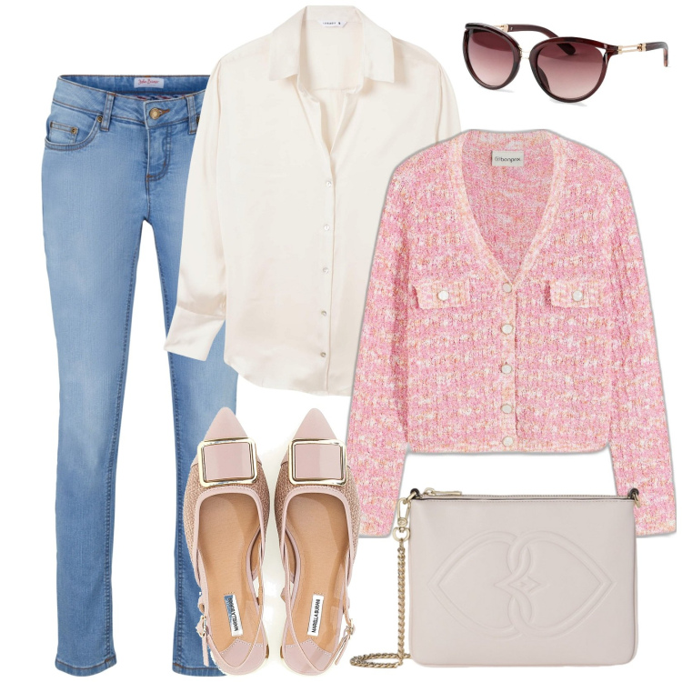 Outfit donna - Total look #2100259. Abbinamento con jeans skinny, occhiali da sole, cardigans, camicie, ballerine, pochette.