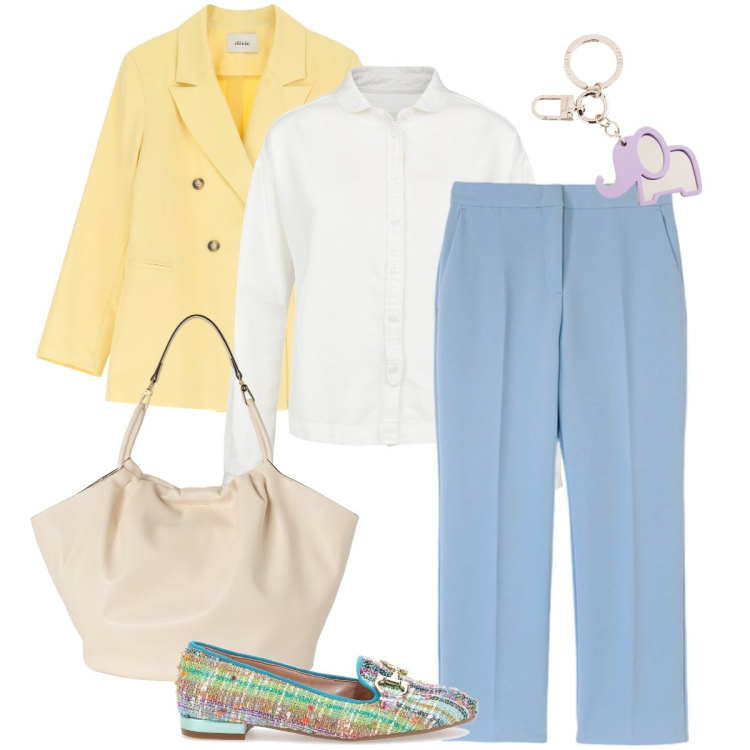Outfit donna - Con l’elefantino. Stile Bon Ton per Ufficio. Abbinamento con blazer, mocassini, pantaloni, portachiavi, camicie, borse a secchiello.