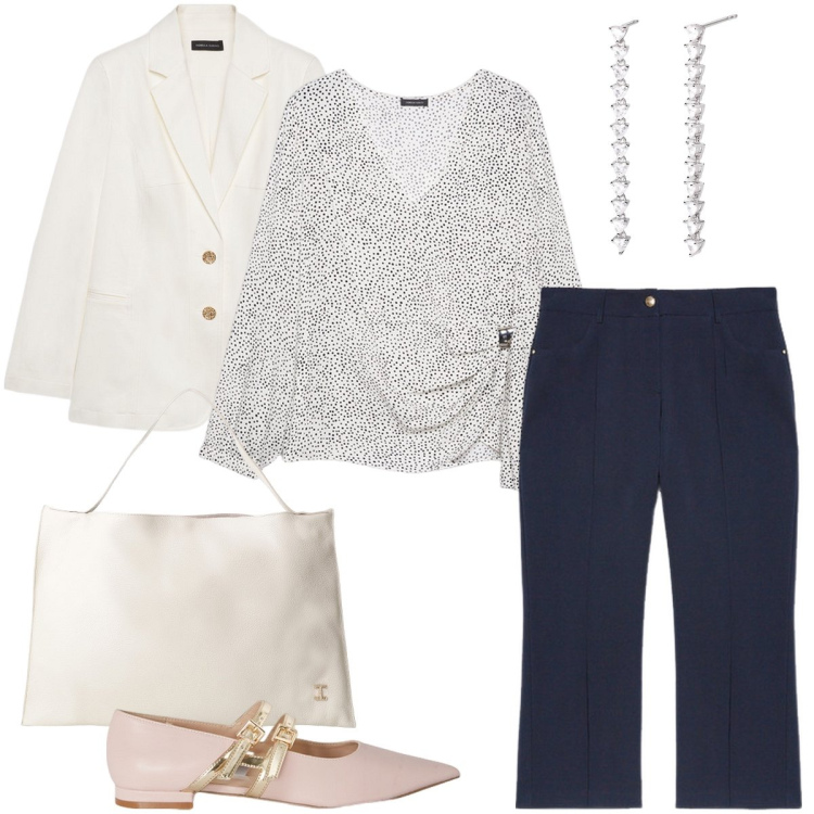 Outfit donna - Pois piccoli. Stile Bon Ton per Cerimonia. Abbinamento con orecchini, borse a spalla, bluse, pantaloni, blazer, ballerine.