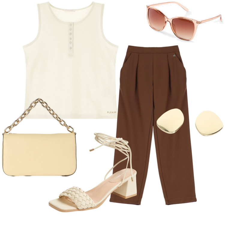 Outfit donna - A passeggiare in centro. Stile Urban per Tutti i giorni. Abbinamento con occhiali da sole, sandali alla schiava, canottiere, pantaloni, orecchini, borse a tracolla.