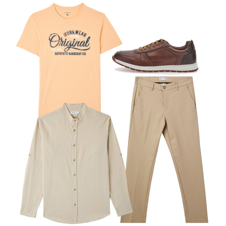 Outfit uomo - Total look. Stile Casual per Tutti i giorni. Abbinamento con camicie, t-shirt, pantaloni chino, scarpe stringate.