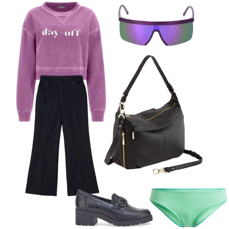 Outfit donna - Pomeriggio in libertà. Stile Basic per Tutti i giorni. Abbinamento con culotte, felpe, mocassini, pantaloni, occhiali da sole, borse a tracolla.