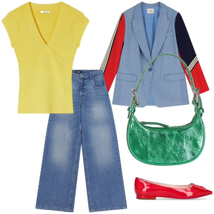 Outfit donna - Colorful total look. Stile Trendy per Tutti i giorni. Abbinamento con borse a mano, jeans, blazer, t-shirt, ballerine.