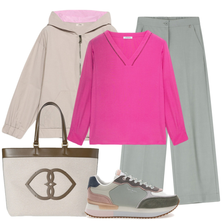 Outfit donna - Motropoli. Stile Casual chic per Tutti i giorni. Abbinamento con pantaloni a palazzo, sneakers, bluse, parka, shopping bag.