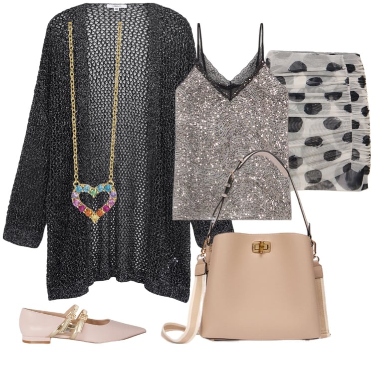 Outfit donna - Gonna a pois. Stile Casual per Tutti i giorni. Abbinamento con collane, kimono, ballerine, borse a secchiello, minigonne, top.