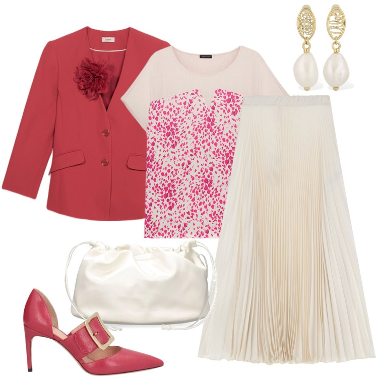 Outfit donna - Cerimonia ad aprile. Stile Chic per Cerimonia. Abbinamento con décolleté, gonne lunghe, bluse, orecchini, blazer, pochette.